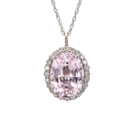 14K White Gold Oval Halo Pendant w/Kunzite=9.77ct and 24Diams=.53ctw SI H-I on 18inch Chain #C15104