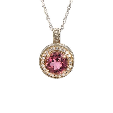 14K White and Rose Gold Halo Pendant w/Pink Tou...