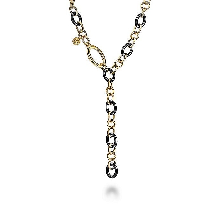 14K Yellow Gold 17inch Hollow Tube and Black Oval Ceramic Y Knots Necklace #NK7521Y4JCB (S1801792)