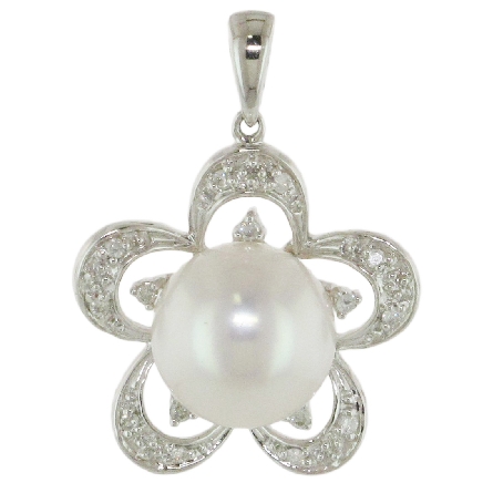 14K White Gold 10-10.5mm Freshwater Pearl Flower Pendant w/Diams=.11ctw #SP137247-FW