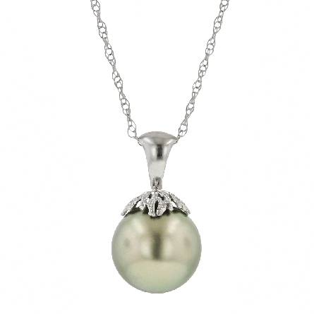 14K White Gold 10.3mm Pistachio Tahitian Pearl Pendant on 16inch Chain