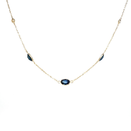 14K Yellow Gold 15.5-16.5inch Adjustable 5Bezels Necklace w/3 Oval Sapphire=1.95ct and 2Diams=.07ctw #448809S