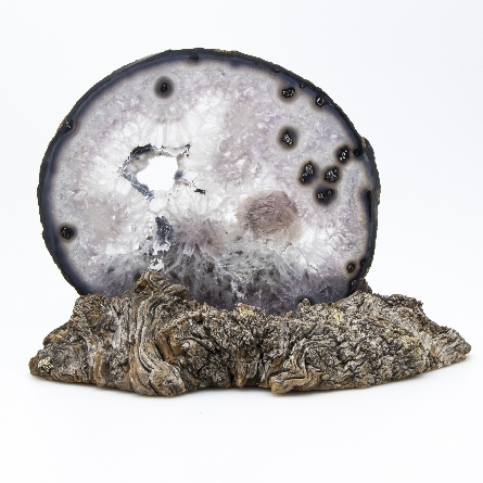 Agate and Crystalline Quartz Slice Two Tone with Drusy Pocket with Custom Driftwood Base 7.25  H x 10  L x 5.5  W