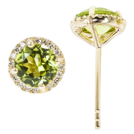 14K Yellow Gold Round Halo Stud Earrings w/2Peridot=1.70ctw and 32Diams=.13ctw #24090PD