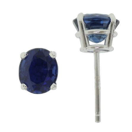 14K White Gold 6.1mm 4Prong Round Stud Earrings w/2Sapphire=2.16ctw
