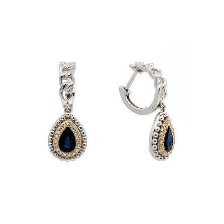 14K White and Yellow Gold Pear Shaped Halo Dangle Earrings w/2 Sapphires=1.01ctw and Diams=.13ctw SI G-H #ER04741