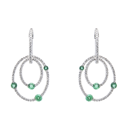 18K White Gold Hoop Dangle Earrings w/Emerald=....