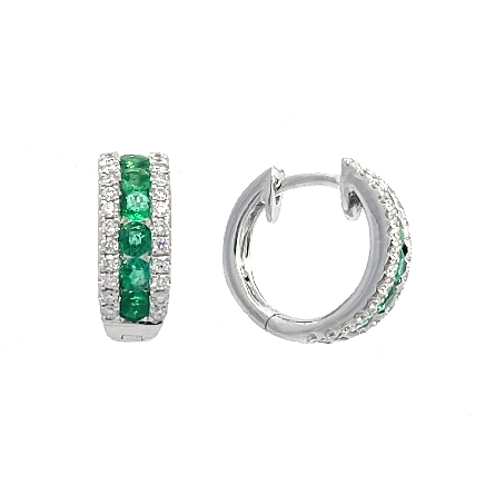 18K White Gold Huggie Hoop Earrings w/Emerald=....