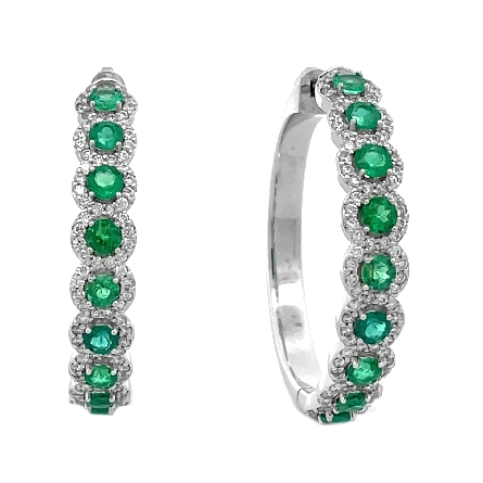 14K White Gold Halo Hoop Earrings w/18 Emeralds...