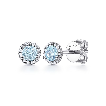 14K White Gold Gabriel Halo Stud Earrings w/Aqu...