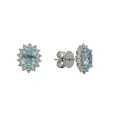 18K White Gold Oval Halo Post Earrings w/2 Aqua...