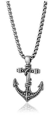 Stainless Steel Beaded Design Anchor Pendant on 22inch Matte Round Box Chain #SP131