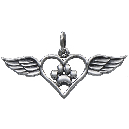Sterling Silver 15x27mm Paw Print Heart Wings Charm #A6129