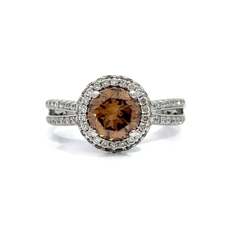 18K White Gold Estate Round Halo Split Shank Ring w/1 Brown Diam=1.35apx VS and Diams=.40apx SI I Size8.5 4.0dwt 