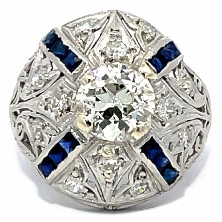 Platinum Estate   As Is   Filigree Synthetic Blue Sapphire Dome Ring w/1Round Old European Cut Diamond=1.29apx SI1 I and 12Round Diamonds=.30apx SI1 H Size3.5 3.80dwt