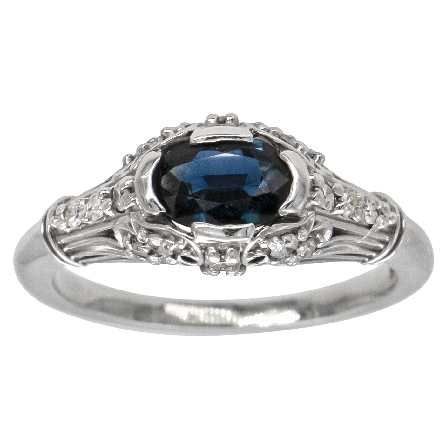 14K White Gold Estate Antique Style Ring w/Sapphire=1.07ct and 18Diams=.26ctw SI H Size 7