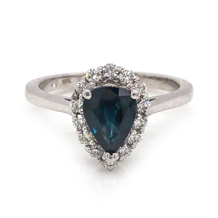14K White Gold Estate Halo Ring w/Pear Sapphire=1.07ct and 14Diams=.27ctw SI J Size 6.5