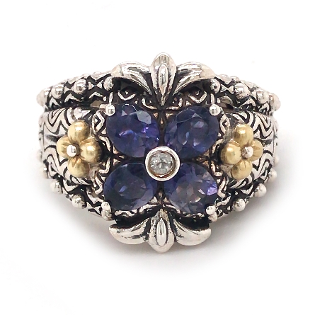 Sterling Silver and 18K Yellow Gold Estate Barbara Bixby Oval Iolite and White Sapphire Clover Ring Size7 9.0dwt