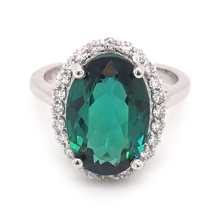 14K White Gold Estate Oval Halo Ring w/Green To...