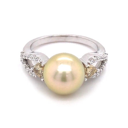 14K White Gold Estate South Sea Pearl Ring w/Shield-Shape Natural Yellow Diams=.50apx and w/Diams=.25apx SI H-I Size9 4.3dwt