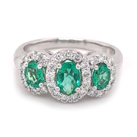 14K White Gold Estate 3 Stone Halo Emerald Ring...