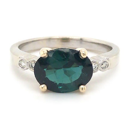 14K White and Yellow Gold Estate East-West Ring w/9.8x7.65mm Green Tourmaline=1.98ct and 4Diams=.05ctw Size 7
