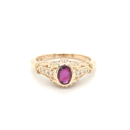 14K Yellow Gold Estate Oval Bezel Ring w/Ruby=.49ct and 18Diams=.24ctw SI H-I Size7 2.5dwt