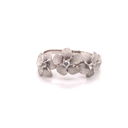 Sterling Silver and Platinum Estate Denny Wong 3Plumeria Band w/White Sapphires=.15apx Size5.75 1.6dwt