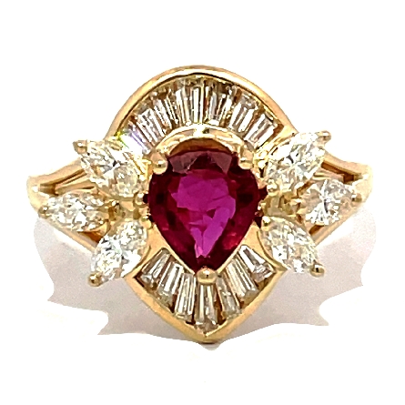 18K Yellow Gold Estate Pear-shape Ruby=1.14ct w/6 Marquise and Baguette Diams=1.00apx VS-SI H-I Halo Ring Size 6.5 3.2dwt