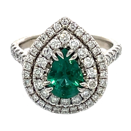 14K White Gold Estate Pear-Shape Emerald Double Halo Ring w/58 Diams=1.00apx VS2-SI1 F-G Size 6.5  3.3dwt