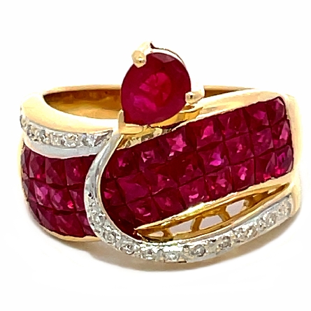 18K Yellow Gold Estate Ruby Wave and Invisible Set Fashion Ring w/Diams=.15apx SI1-SI2 I-J Size 9   6.7dwt