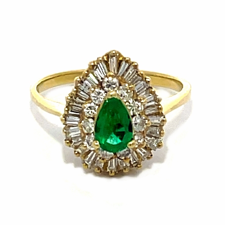 18K Yellow Gold Estate Double Halo Emerald Ring w/11Round & 27Baguette Diamonds=.75apx SI I-J Size6 2.5dwt