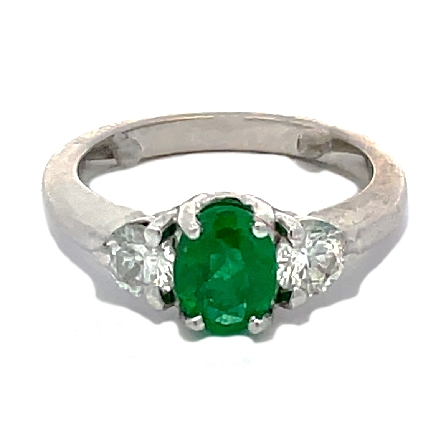 14K White Gold Estate Oval Emerald=.92ct 3 Stone Ring w/2 Diams=.61apx VS-SI I-J Size 6 2.8dwt