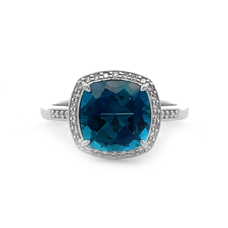 10K White Gold Estate Blue Topaz Halo Ring w/Di...