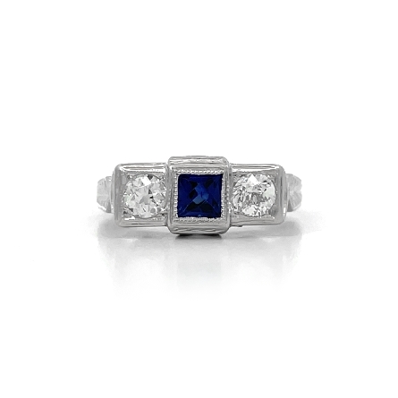 18K White Gold Estate Synthetic Blue 3Stone Ant...
