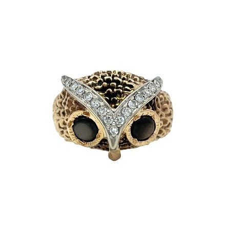 14K Two Tone Estate Black Sapphire Owl Ring w/D...