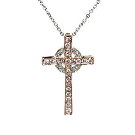 14K White and Rose Gold Estate Celtic Cross w/35Diams=1.00apx SI H-I on 16inch Cable Chain 4.3dwt