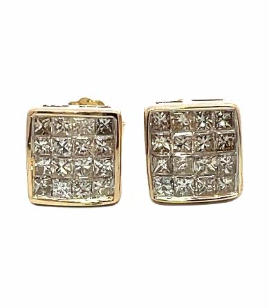 14K Yellow Gold Estate Invisible Set Earrings w/32 Princess Cut Diamonds=1.00apx SI  I-J 1.4dwt
