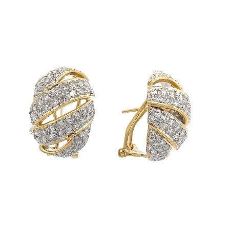 18K Yellow and White Gold Estate Pave Omega Back Earrings w/146Diams=3.75apx SI1-SI2 G-H 7.5dwt