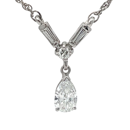 14K White Gold Estate 16inch   Y   Necklace W/1Pear=.75apx; 1Round=.10apx; 2Baguette=.10apx VS2-SI1 H-I 2.30dwt
