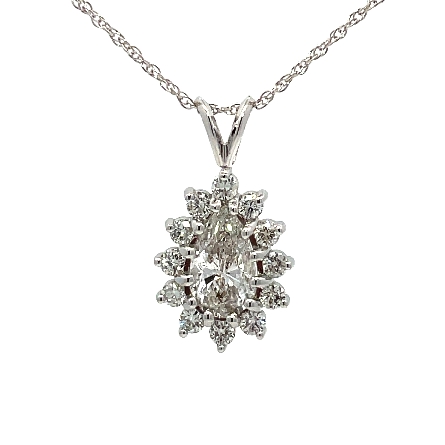 14K White Gold Estate Pear Shaped Halo Necklace w/1 Pear Diamond=1.67ct I2 I and Diams=.68ctw SI H-I on 18inch Chain 