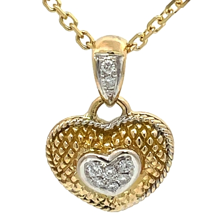 18K Yellow and White Gold Estate Puffed Heart Pave Pendant w/Diams=.08apx SI H-I and 17inch Cable Chain 5.7dwt 