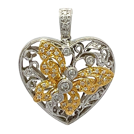 14K White and Yellow Gold Estate Heart Butterfly Pendant w/Diamonds=.50apx SI2 H-I 3.7dwt