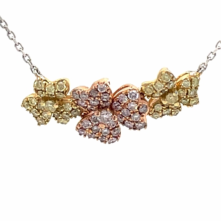 14K Yellow; White and Rose Gold Estate 16-18inch Flower Station Necklace w/38 Yellow Diamonds=.40apx and 31 Pink Diamonds=.50apx SI1-I 2.3dwt