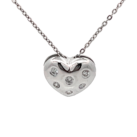 14K White Gold Estate Burnished Set Heart Pendant w/6 Diams=.12apx and 16inch Cable Chain 1.8dwt