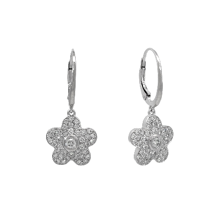 18K White Gold Estate Pave Flower Drop Earrings...
