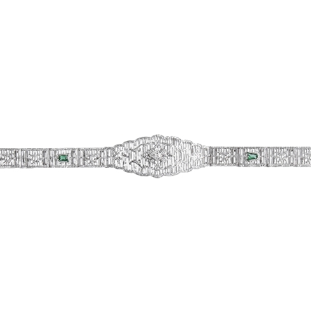 14K White Gold Estate Imitation Green Stone Filigree 7inch Bracelet w/1 Diam=.03apx VS H-I 7.30dwt