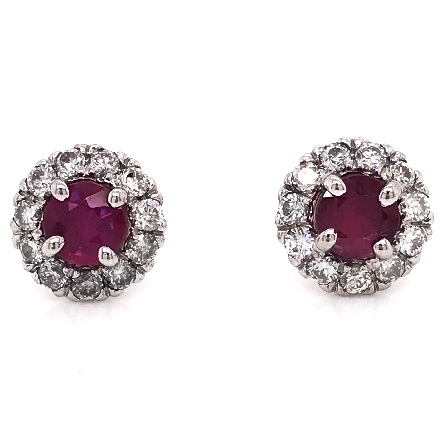 14K White Gold Estate Halo Earrings w/Ruby=1.21ctw and 22Diams=.69ctw SI2 I-J