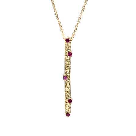 14K Yellow Gold Estate Vintage Inspired Bar Necklace w/5Ruby=.11ctw on 16-18inch Chain
