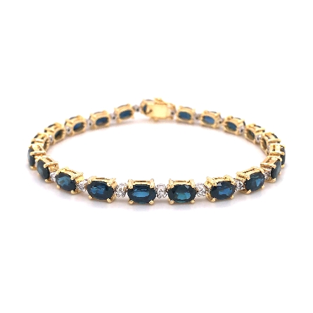 18K Yellow and White Gold Estate 7inch Oval Shape Sapphire Line Bracelet w/Diams=.25apx SI1-I1 H-I 10dwt
